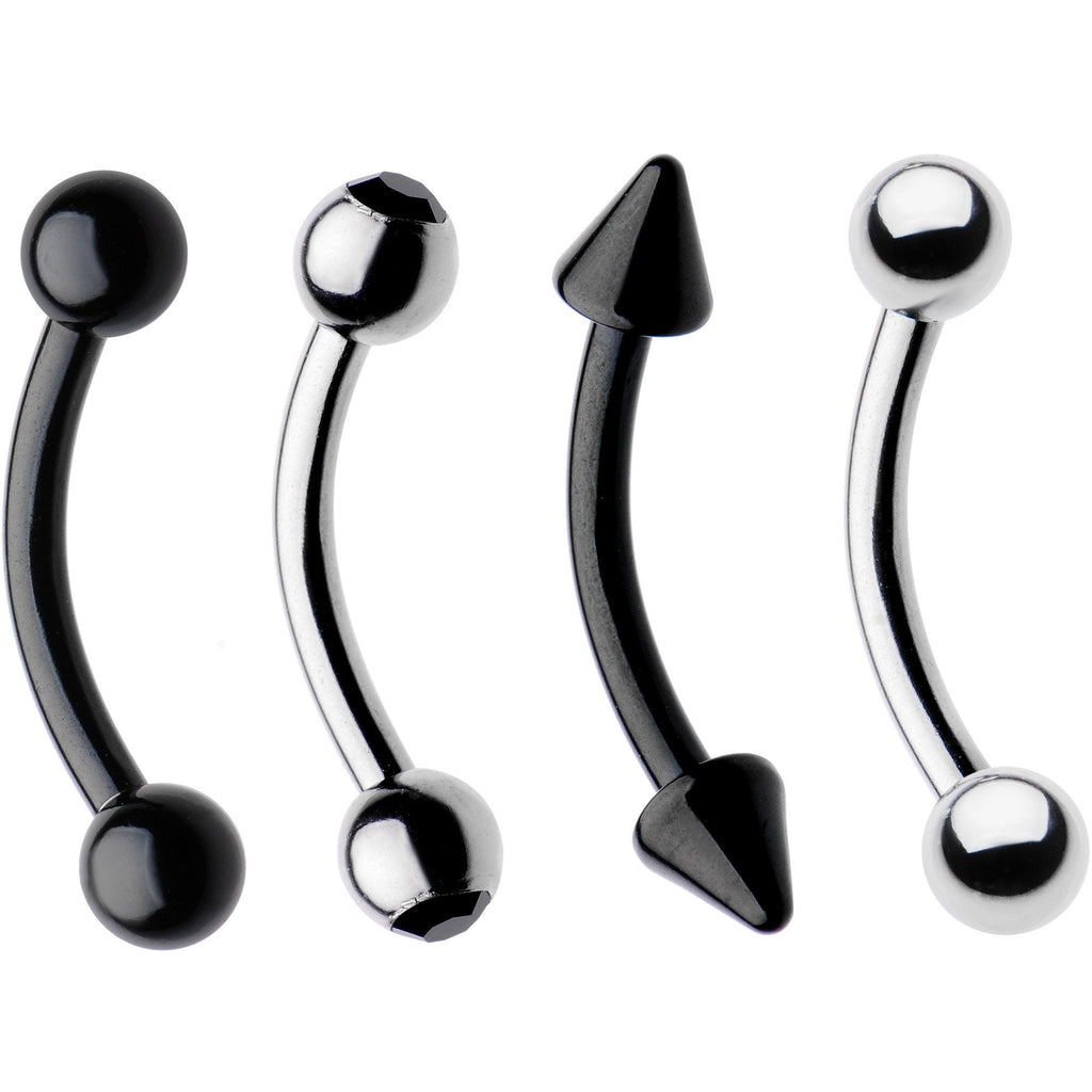 16G 5/16 Black Plated Steel Curved Barbell Eyebrow Ring Set of 4