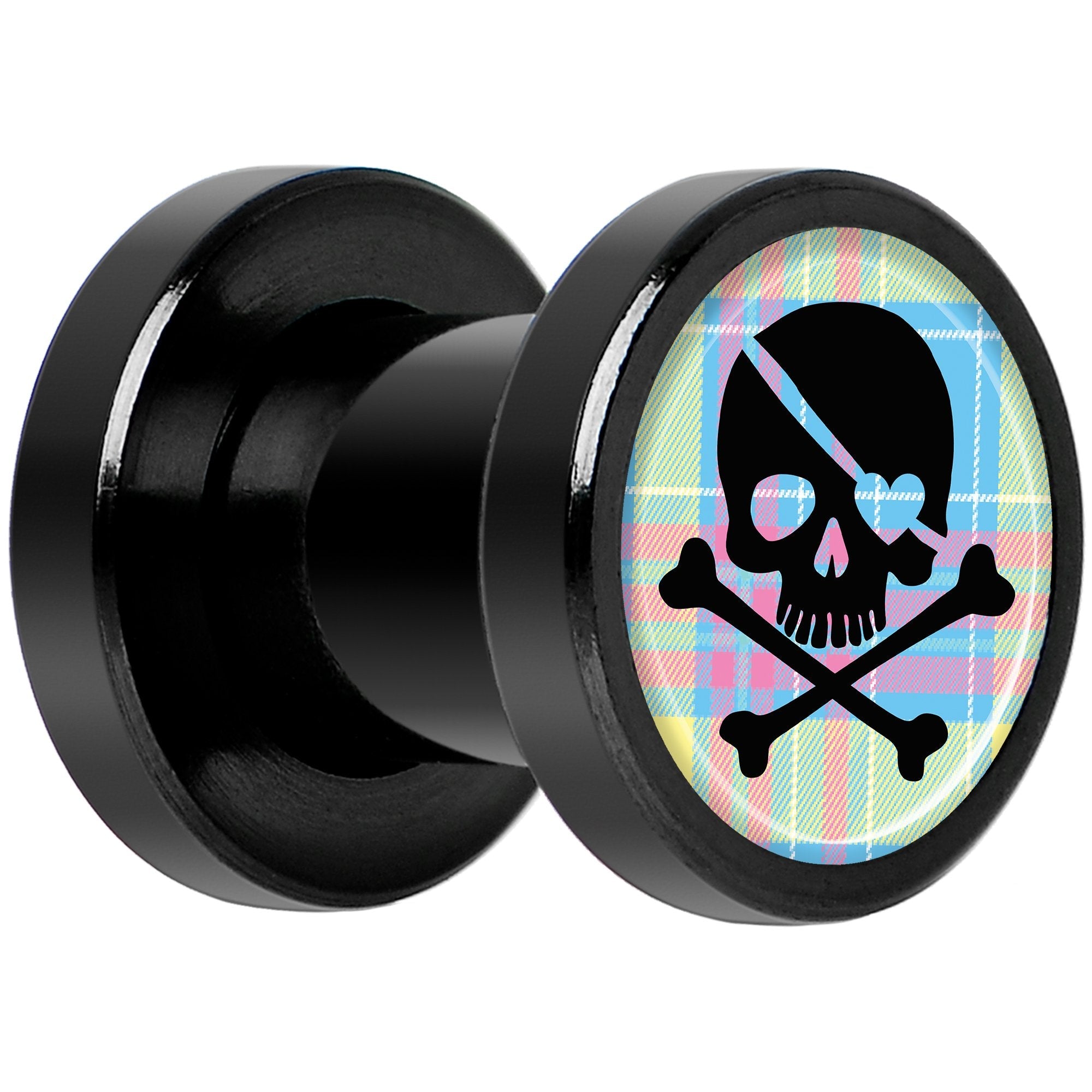 Pink Green Plaid Heart Skull Black Anodized Screw Fit Plug Set 2G